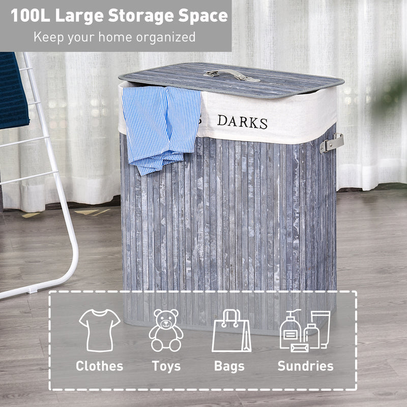 Grey 100L Collapsible Wooden Laundry Basket With Lid And Removable Lining For Storage