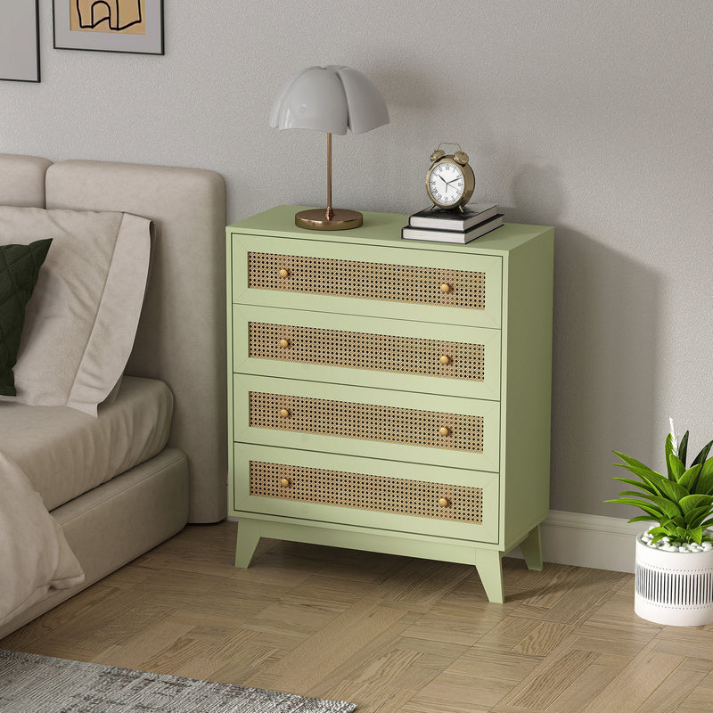 Light Green 4 Drawer Chest of Drawers with Rattan Front for Bedroom and Living Room Storage