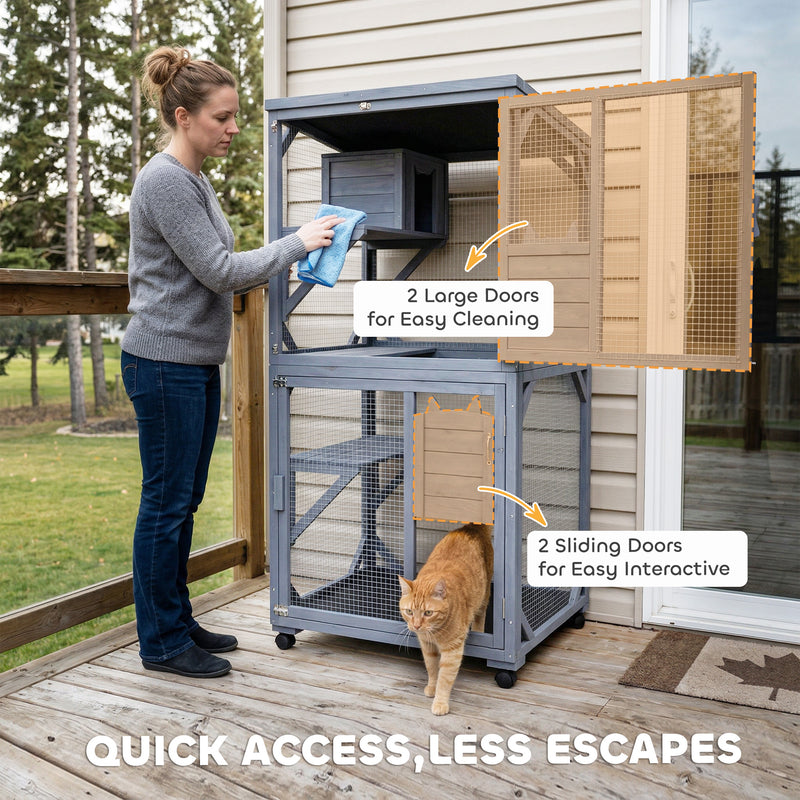 Rolling Outdoor Cat Enclosure With Three Levels for Easy Garden Access Dark Grey Pawhut