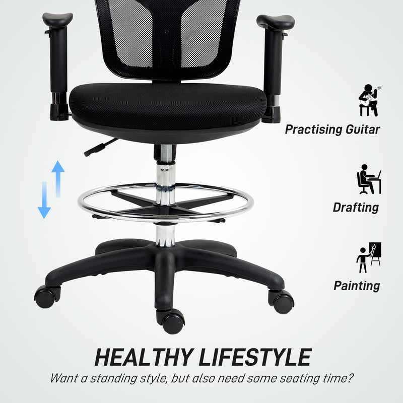 Ergonomic Black Mesh Drafting Chair with Adjustable Armrests and Footrest