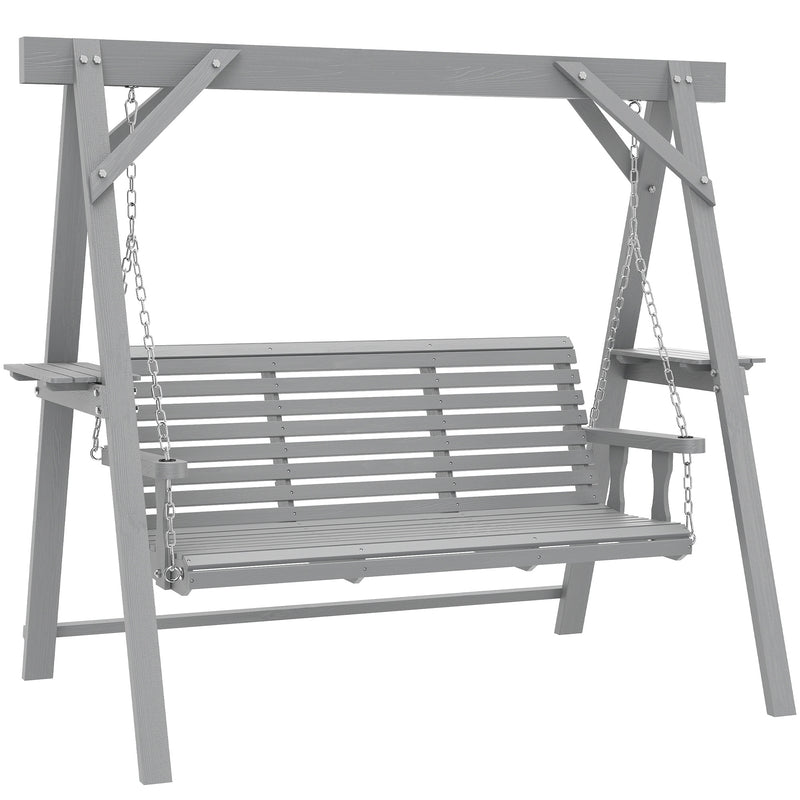 Wooden Garden Swing Bench with Side Tables for Relaxing Outdoors Seats 3 Fir Wood, Dark Grey Outsunny