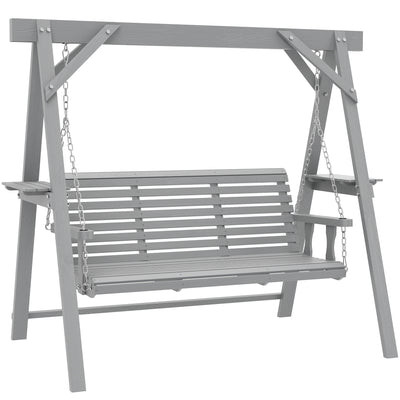 Wooden Garden Swing Bench with Side Tables for Relaxing Outdoors Seats 3 Fir Wood, Dark Grey Outsunny