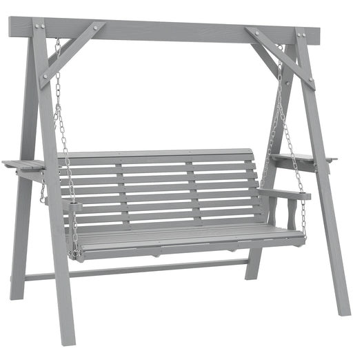 Wooden Garden Swing Bench with Side Tables for Relaxing Outdoors Seats 3 Fir Wood, Dark Grey Outsunny