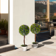 Set of 2 Artificial Topiary Ball Trees with Lavender Flowers for Indoor Outdoor Use Green