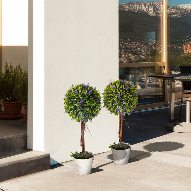 Set of 2 Artificial Topiary Ball Trees with Lavender Flowers for Indoor Outdoor Use Green