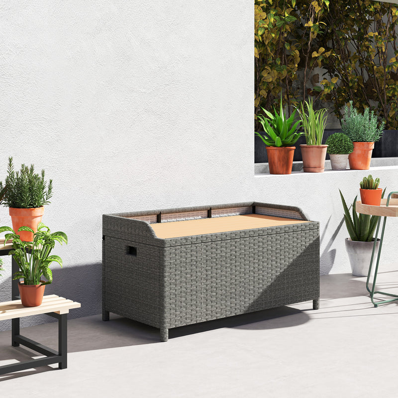 Grey 130L Rattan Garden Storage Box with Seat for Outdoor Use by Outsunny