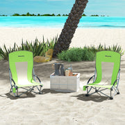 Set of 2 Green Folding Beach Chairs with Mesh Back Cup Holder and Carry Bag for Camping