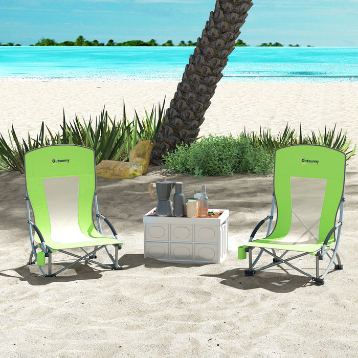 Set of 2 Green Folding Beach Chairs with Mesh Back Cup Holder and Carry Bag for Camping