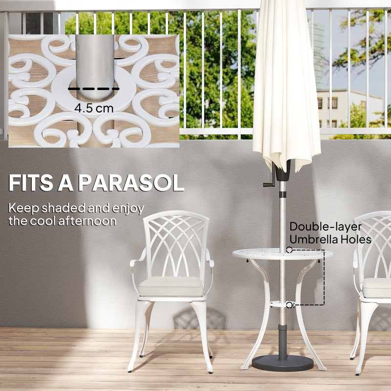 Garden Bistro Set for 2 with Cushions and Parasol Hole, Cast Aluminium White Outsunny