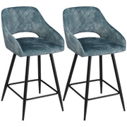 Set of 2 Blue Velvet Bar Stools with Steel Legs for Kitchen Island or Dining Area