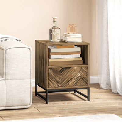 Bedside Table with Drawer and Storage Shelf for Bedroom or Lounge with Steel Legs, Brown