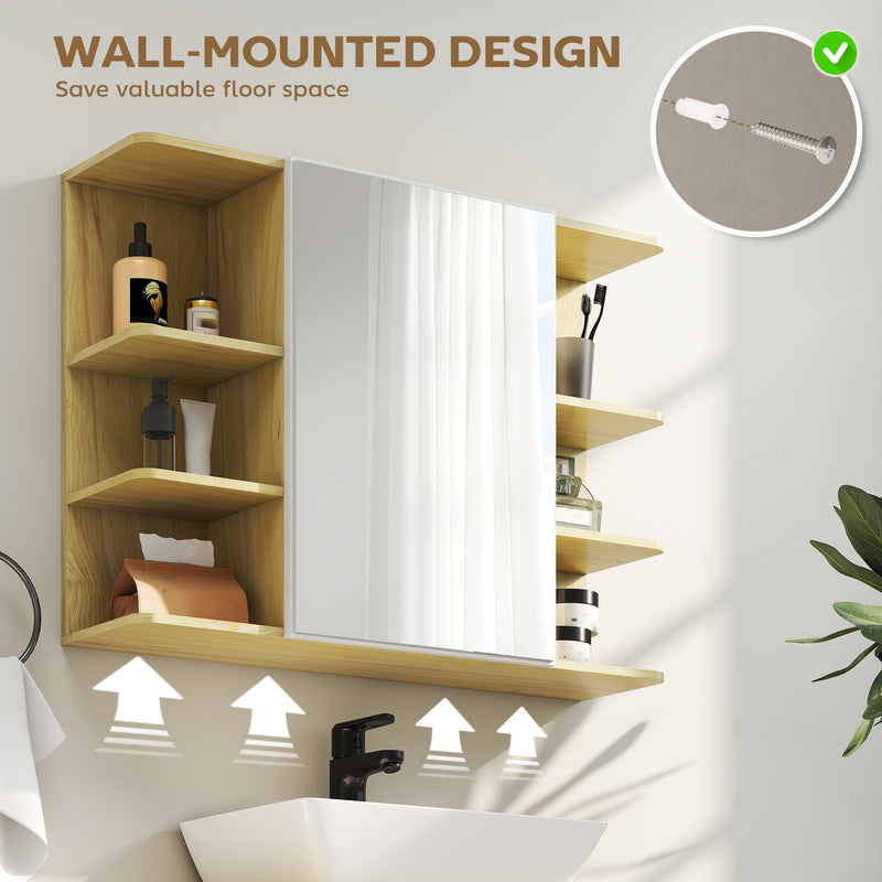 Wall Mounted Bathroom Mirror Cabinet With Open Shelves For Extra Storage, Natural Wood