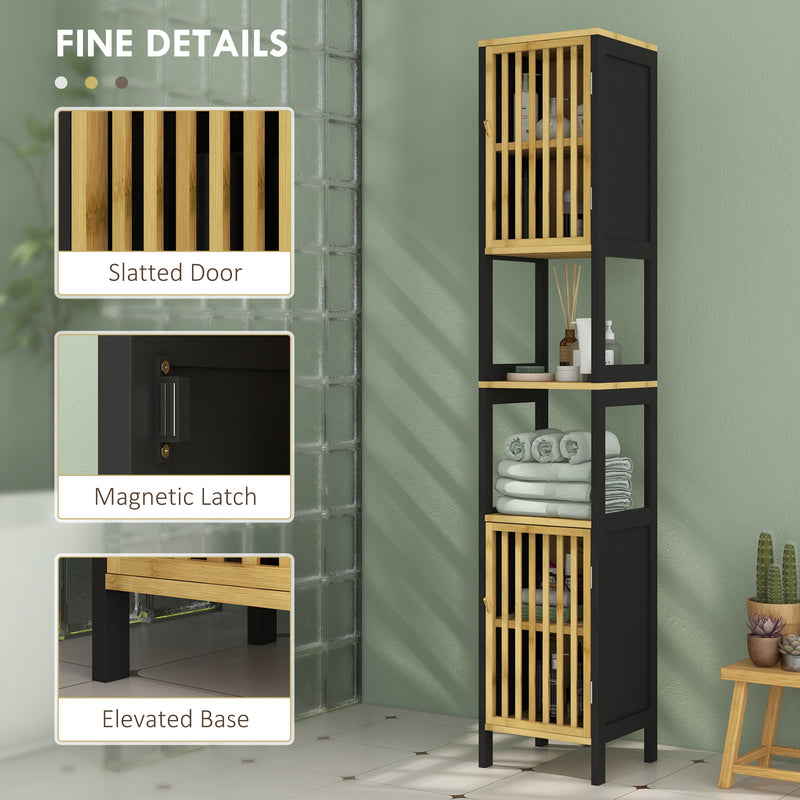 Tall Bathroom Storage Cabinet With Shelves And Cut Out Design For Towels