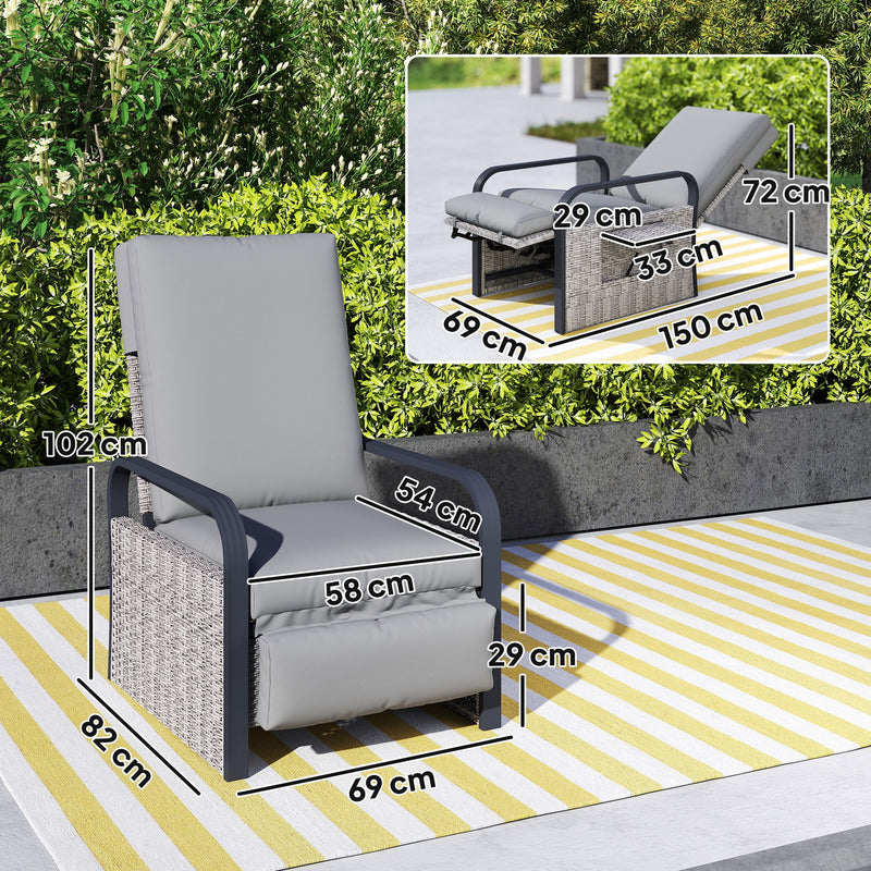 Light Grey Rattan Recliner Garden Chair With Cushion Tray And Footrest by Outsunny