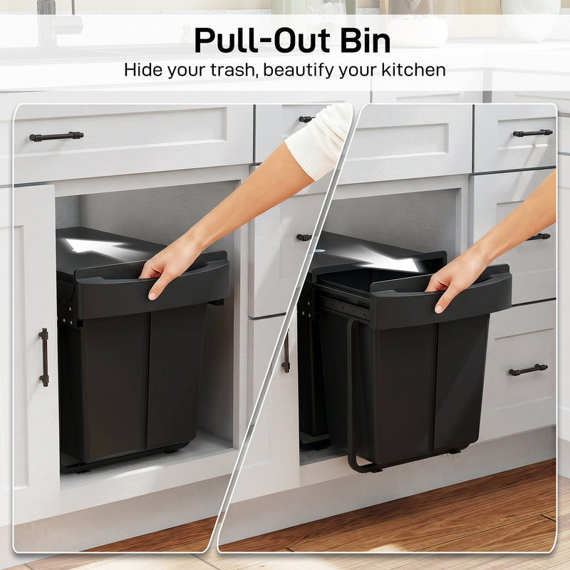 Kitchen Cupboard Pull Out Bin with Dual Compartments for Easy Waste and Recycling Black Homcom