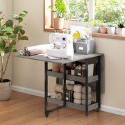 Grey Industrial Folding Dining Table with Drop Leaf and Storage Shelves for Small Spaces