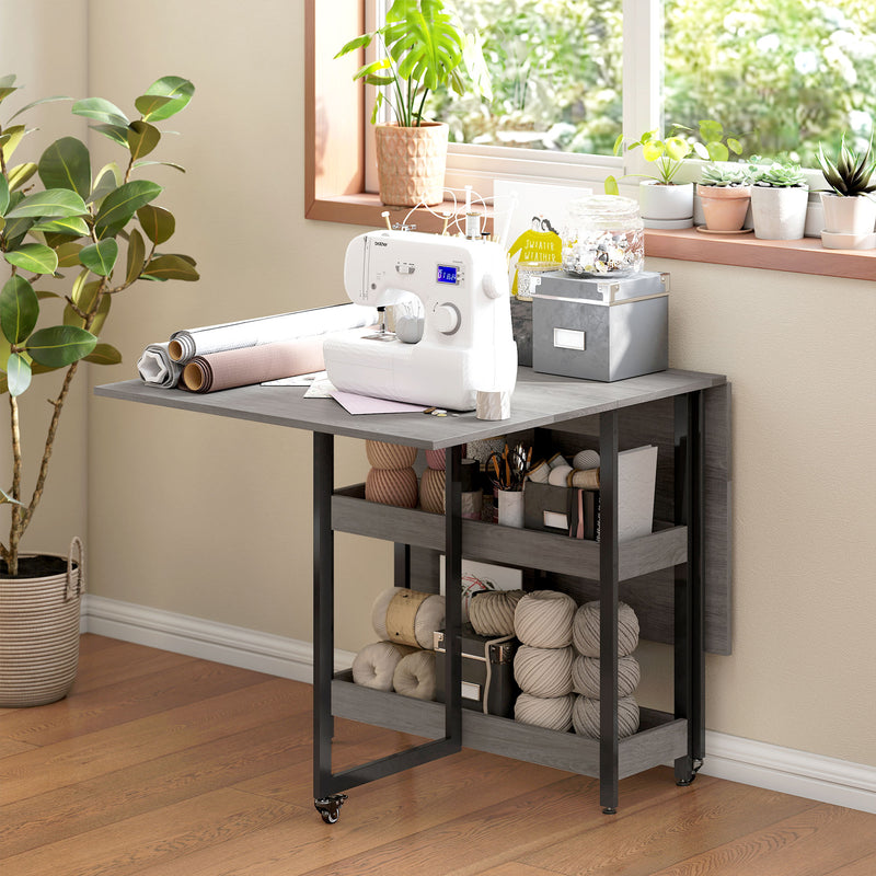 Grey Industrial Folding Dining Table with Drop Leaf and Storage Shelves for Small Spaces