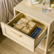 Set of 2 Bedside Tables with Rattan Drawers and Storage Shelf for Bedroom Natural