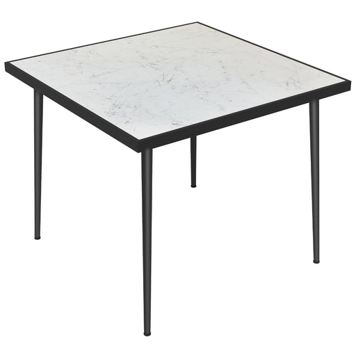 White Square Garden Dining Table For 4 With Marble Effect Glass Top And Steel Frame