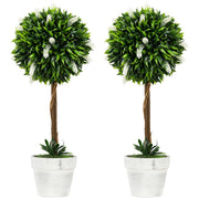 Set of 2 Artificial Topiary Ball Trees with Flowers for Home or Garden Display White