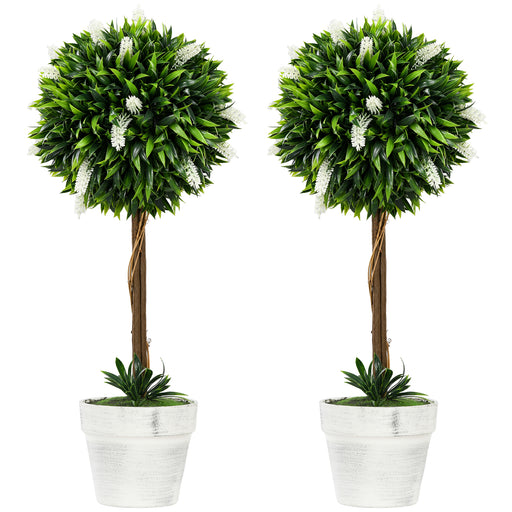 Set of 2 Artificial Topiary Ball Trees with Flowers for Home or Garden Display White