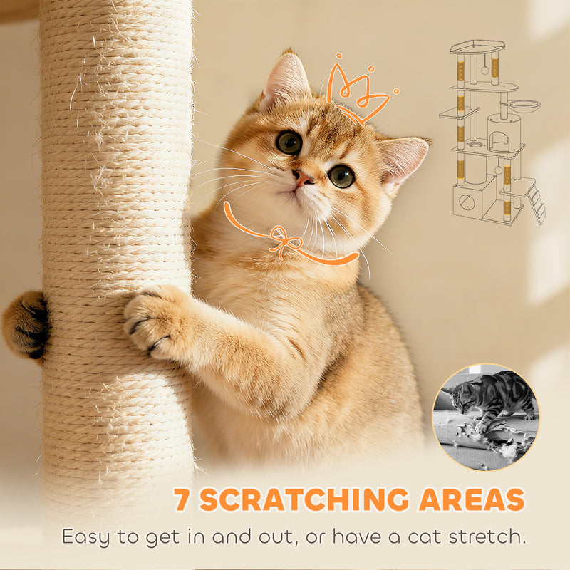 Large 170 cm Cat Tree Tower with Hammock Tunnel Condos and Scratching Posts Light Grey AOSOM