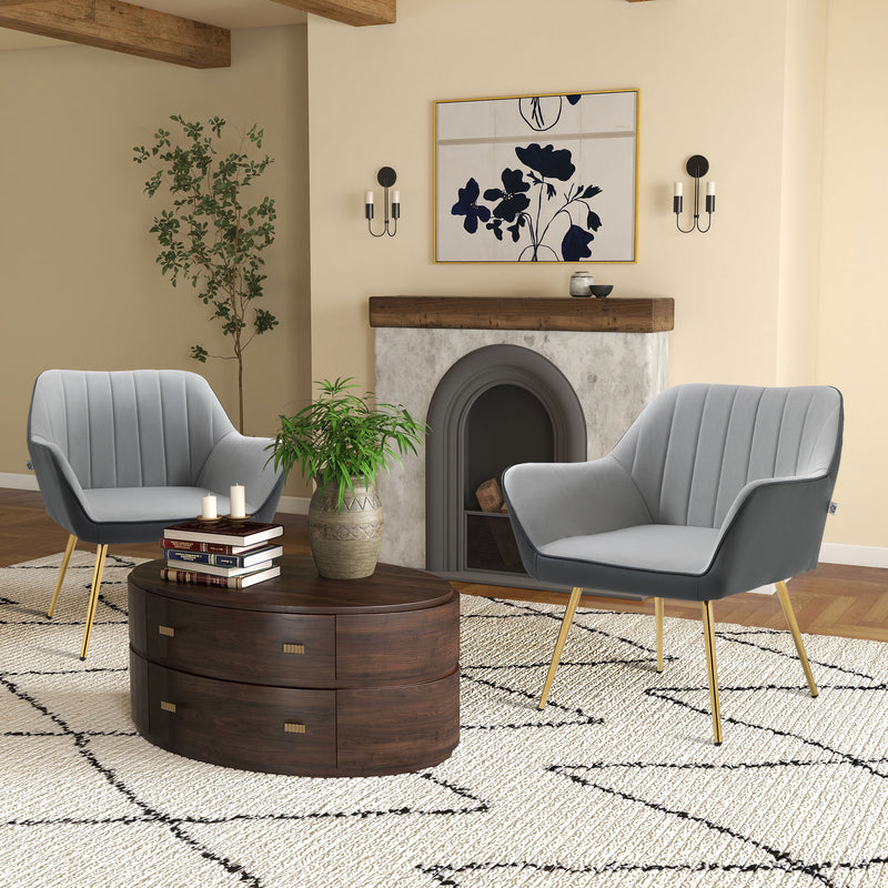 Set of 2 Modern Velvet Armchairs with Gold Legs Ideal for Living Room or Bedroom Light Grey