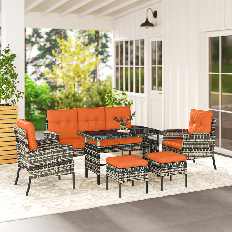 6 Seater Rattan Garden Furniture Set With Cushions And Dining Table For Patio Orange