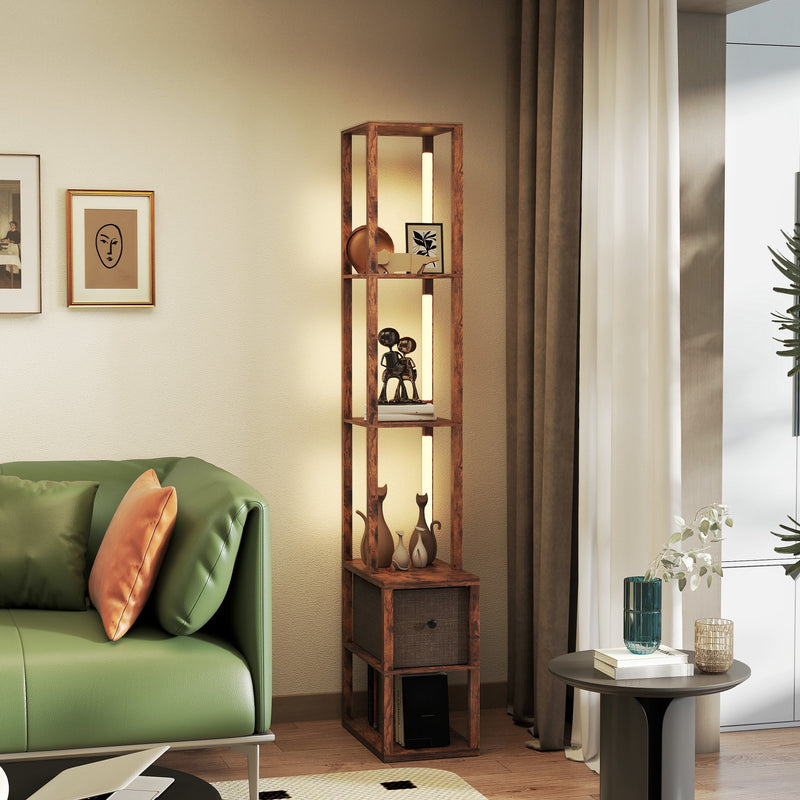 Modern LED Floor Lamp With Shelves And Drawer For Living Room Or Bedroom, Rustic Brown