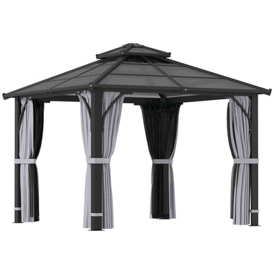 3m x 3m Hardtop Garden Gazebo with Polycarbonate Roof and Netting Dark Grey by Outsunny
