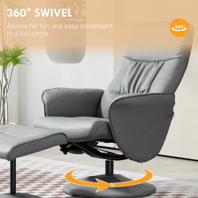 Swivel Recliner Chair with Footstool High Back PU Leather Armchair for Living Room Light Grey
