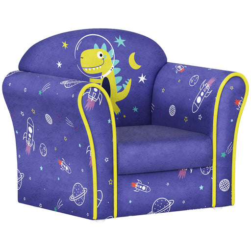 Kids Armchair with Fun Dinosaur Design and Wooden Frame for Bedroom or Playroom, Blue