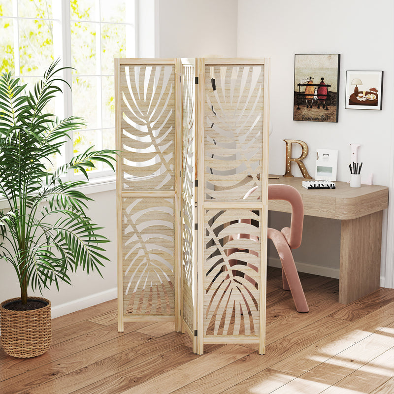 3 Panel Folding Room Divider with Palm Leaf Design for Home Office Privacy, Natural Wood AOSOM