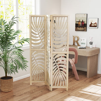 3 Panel Folding Room Divider with Palm Leaf Design for Home Office Privacy, Natural Wood AOSOM