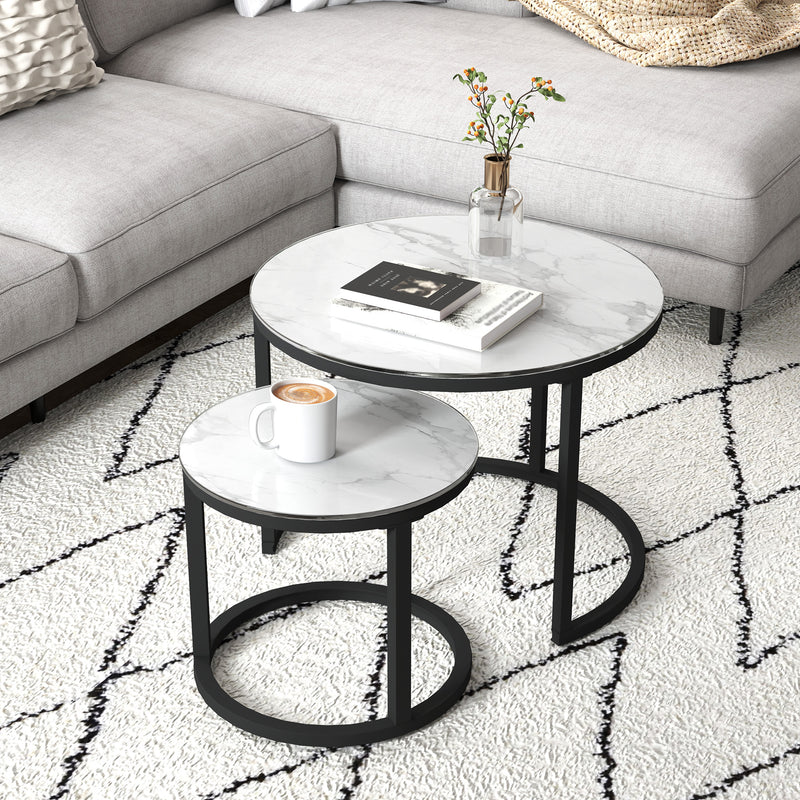 Set of 2 Round Nesting Coffee Tables with Marble Effect Glass and Steel Frame White by HOMCOM