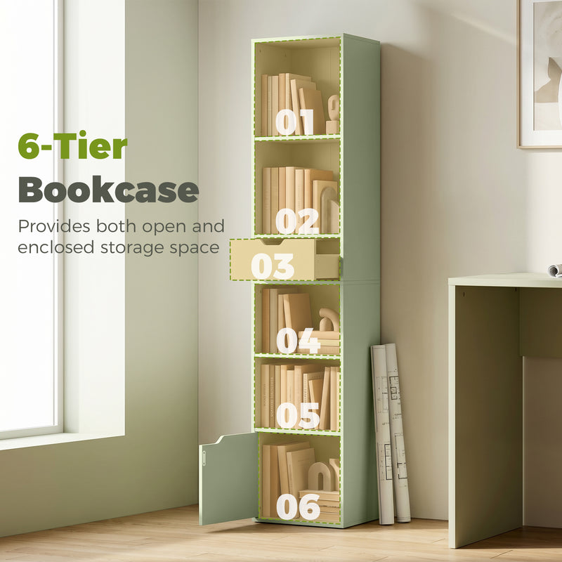 Slim Bookcase With Drawer and Cupboard for Small Room Storage Green