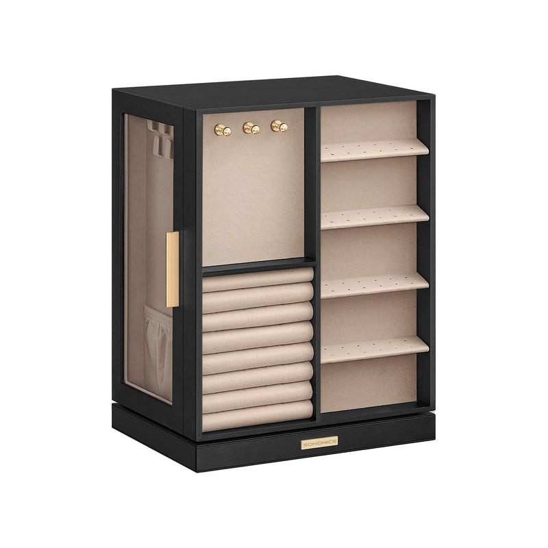 SONGMICS black jewellery box with 360-degree rotation, front angle view
