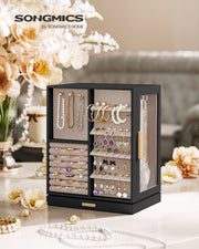 SONGMICS jewellery box open and filled with rings, earrings, bracelets, and necklaces
