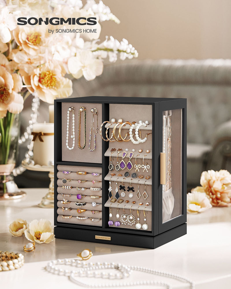 SONGMICS jewellery box open and filled with rings, earrings, bracelets, and necklaces