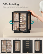 SONGMICS jewellery box rotating 360 degrees, showing all 4 storage sides A to D