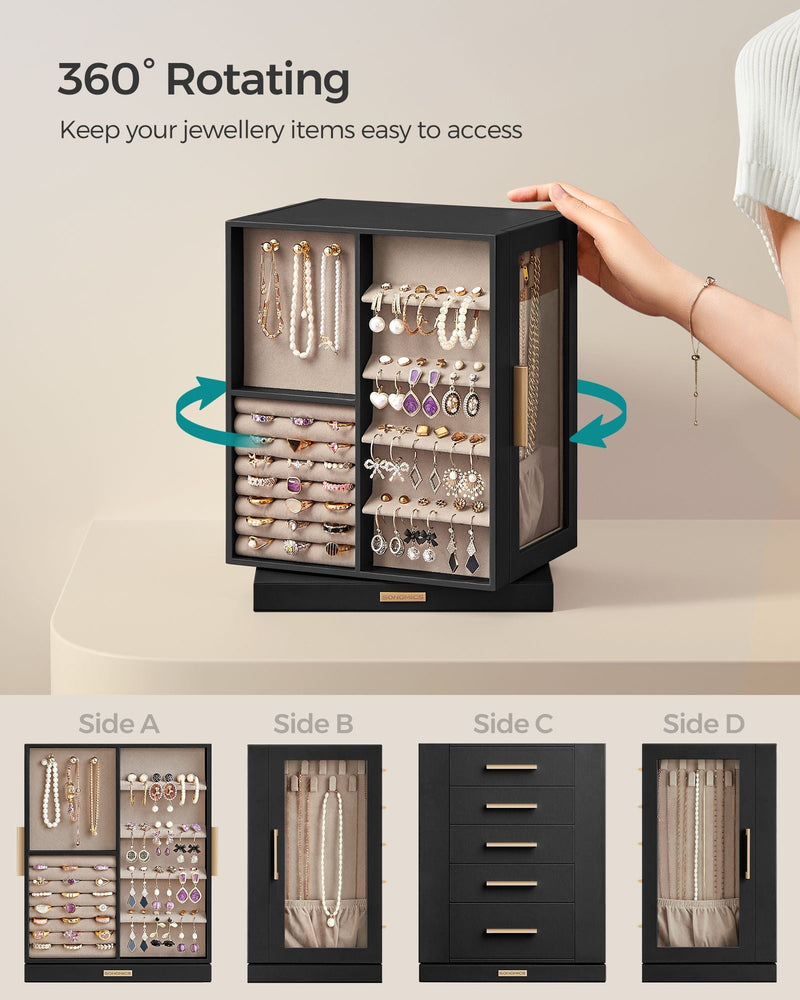 SONGMICS jewellery box rotating 360 degrees, showing all 4 storage sides A to D