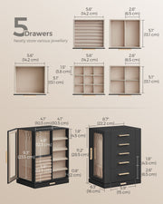 Dimensions diagram of the SONGMICS jewellery box, 16 x 22.2 x 28.5 cm, showing the 5 drawers