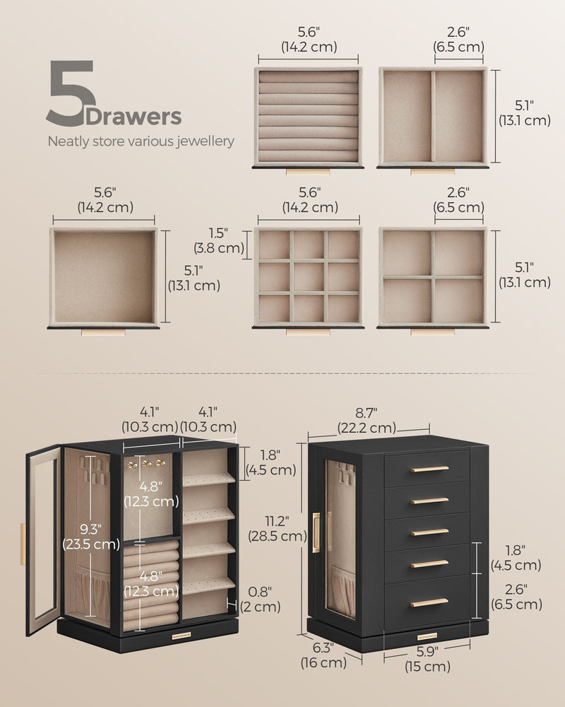 Dimensions diagram of the SONGMICS jewellery box, 16 x 22.2 x 28.5 cm, showing the 5 drawers