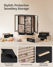 SONGMICS jewellery box open with mirrored doors, drawers, and velvet-lined compartments
