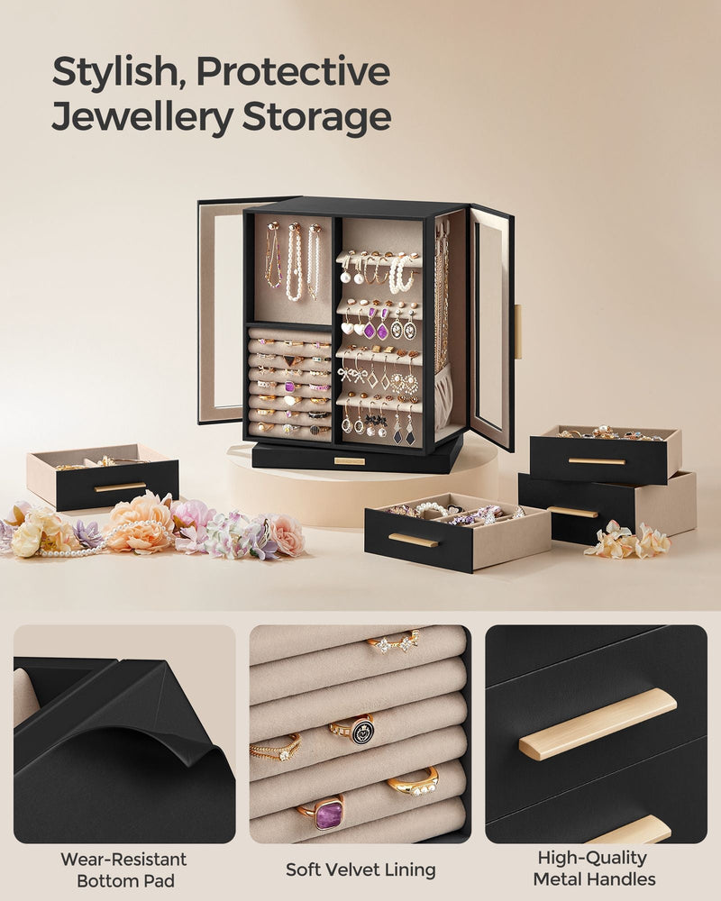 SONGMICS jewellery box open with mirrored doors, drawers, and velvet-lined compartments