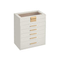 SONGMICS white 6-tier jewellery box with glass lid and gold handles, front angle view