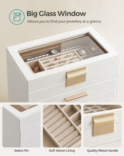 Close-up of the SONGMICS jewellery box's glass window, PU exterior, velvet lining, and metal handle