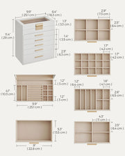 Dimensions diagram of the SONGMICS jewellery box, 16.3 x 25.1 x 29 cm, with compartment measurements