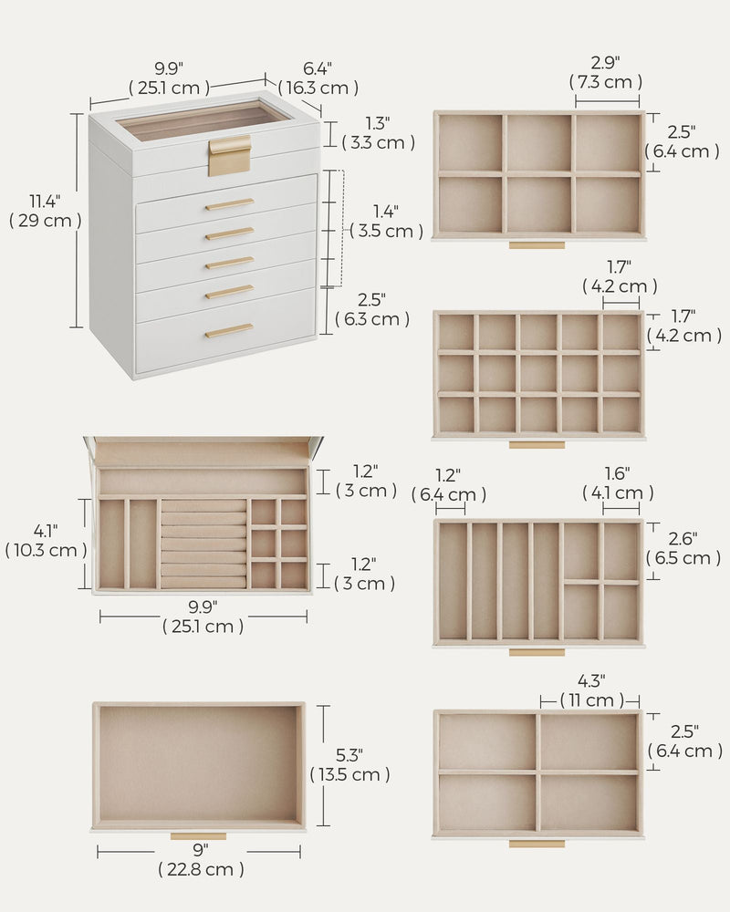 Dimensions diagram of the SONGMICS jewellery box, 16.3 x 25.1 x 29 cm, with compartment measurements