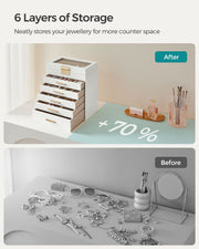 Before and after comparison showing a tidy dresser using the SONGMICS 6-tier jewellery box